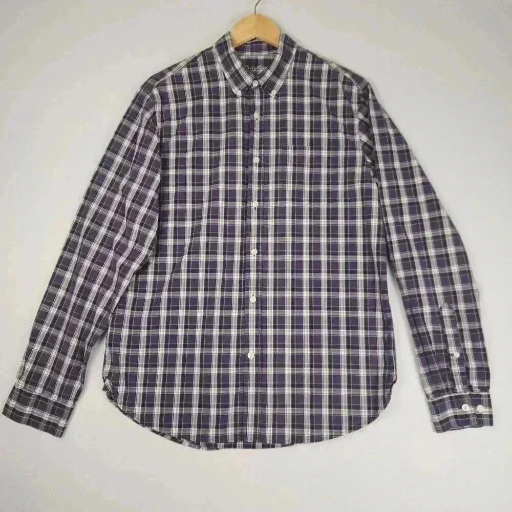 Eddie Bauer Mens Plaid Button Down Collar Shirt M Legend Wash Classic Fit Purple